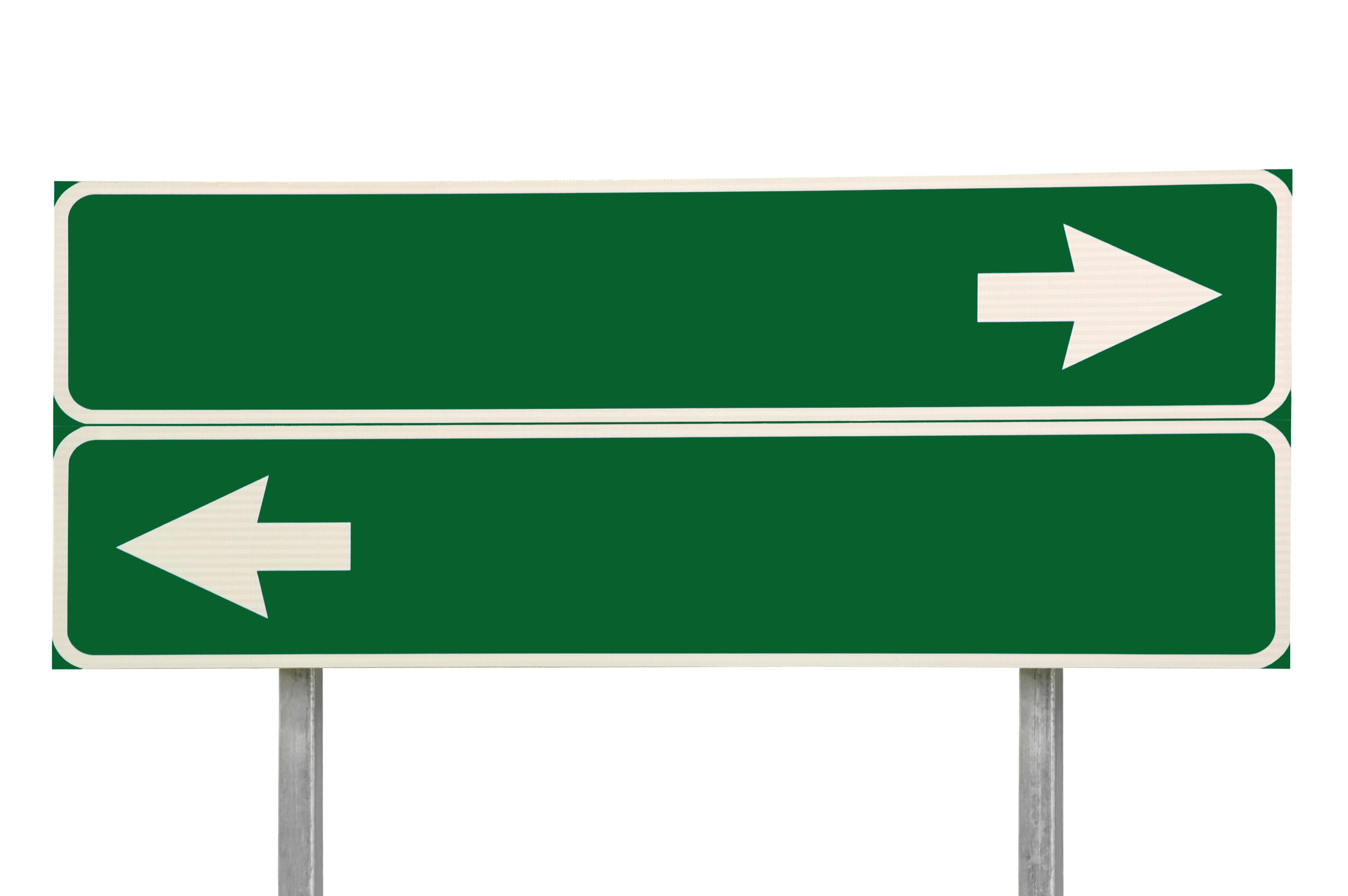 Crossroads Road Sign, Two Arrows on Green Isolated