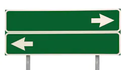 Crossroads Road Sign, Two Arrows on Green Isolated