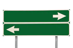 Crossroads Road Sign, Two Arrows on Green Isolated