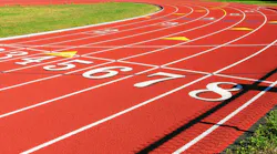 Running track turn. Running track turn with numbered lanes.