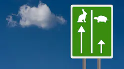 Fast and slow travel lanes for tortoise aka turtle and hare, Business success concept. Sky background with copyspace.