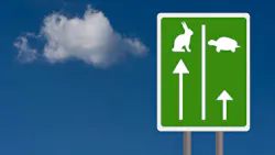 Fast and slow travel lanes for tortoise aka turtle and hare, Business success concept. Sky background with copyspace.