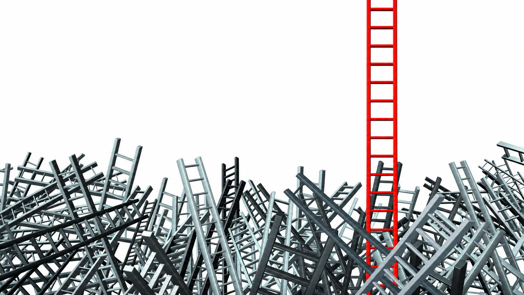 New thinking as an innovative good idea and solution to a business problem as a red ladder standing out from a group of confused as grey ladders in disoriented directions as a financial icon of opportunity from obstacles and challenges.