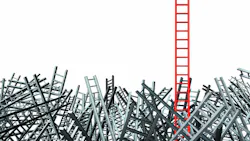 New thinking as an innovative good idea and solution to a business problem as a red ladder standing out from a group of confused as grey ladders in disoriented directions as a financial icon of opportunity from obstacles and challenges.