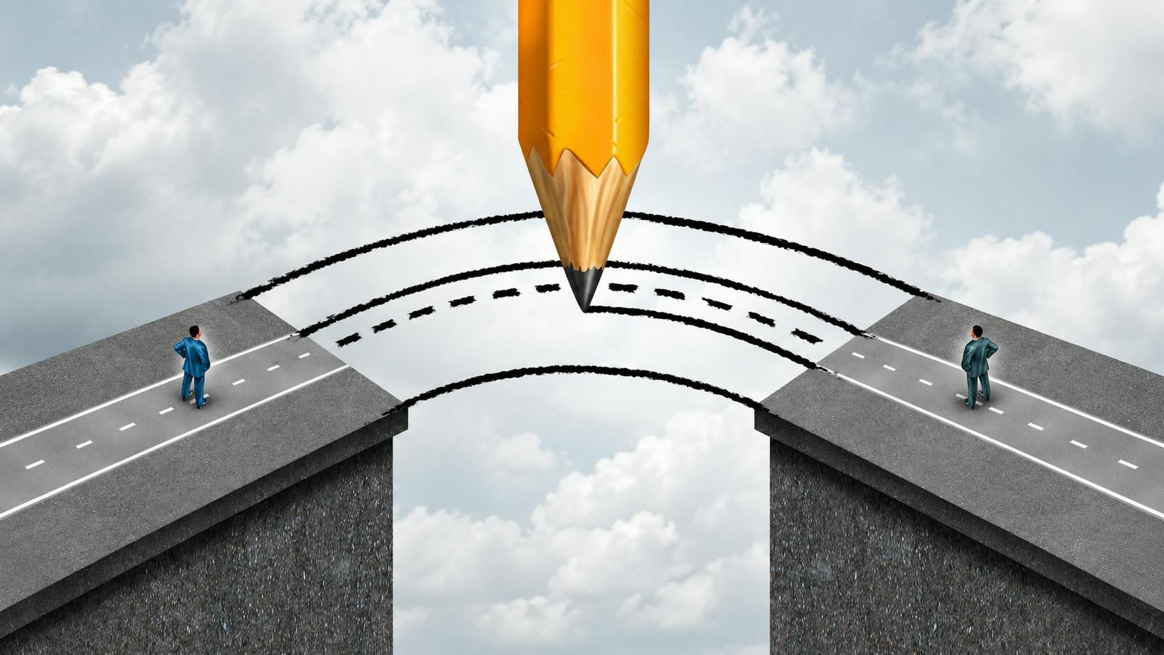Bridging the gap business partnership concept as a giant pencil drawing a joining road to connect divided businessmen as a cooperation symbol of support and assistance to help in joining separate partners.
