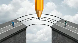 Bridging the gap business partnership concept as a giant pencil drawing a joining road to connect divided businessmen as a cooperation symbol of support and assistance to help in joining separate partners.