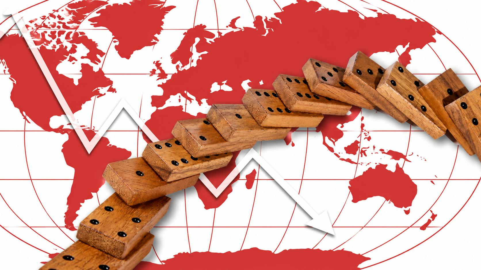 Domino effect risk panic around the world concept background. Domino effect business game on world map background