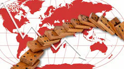 Domino effect risk panic around the world concept background. Domino effect business game on world map background
