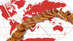 Domino effect risk panic around the world concept background. Domino effect business game on world map background