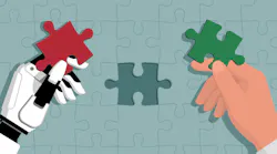 Human and AI robot completing a jigsaw puzzle, the man is holding the right piece Human and AI robot completing a jigsaw puzzle, the man is holding the right piece