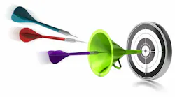 Three darts hitting the center of a target helped by a green funnel, image is over a white background Three darts hitting the center of a target helped by a green funnel, image is over a white background