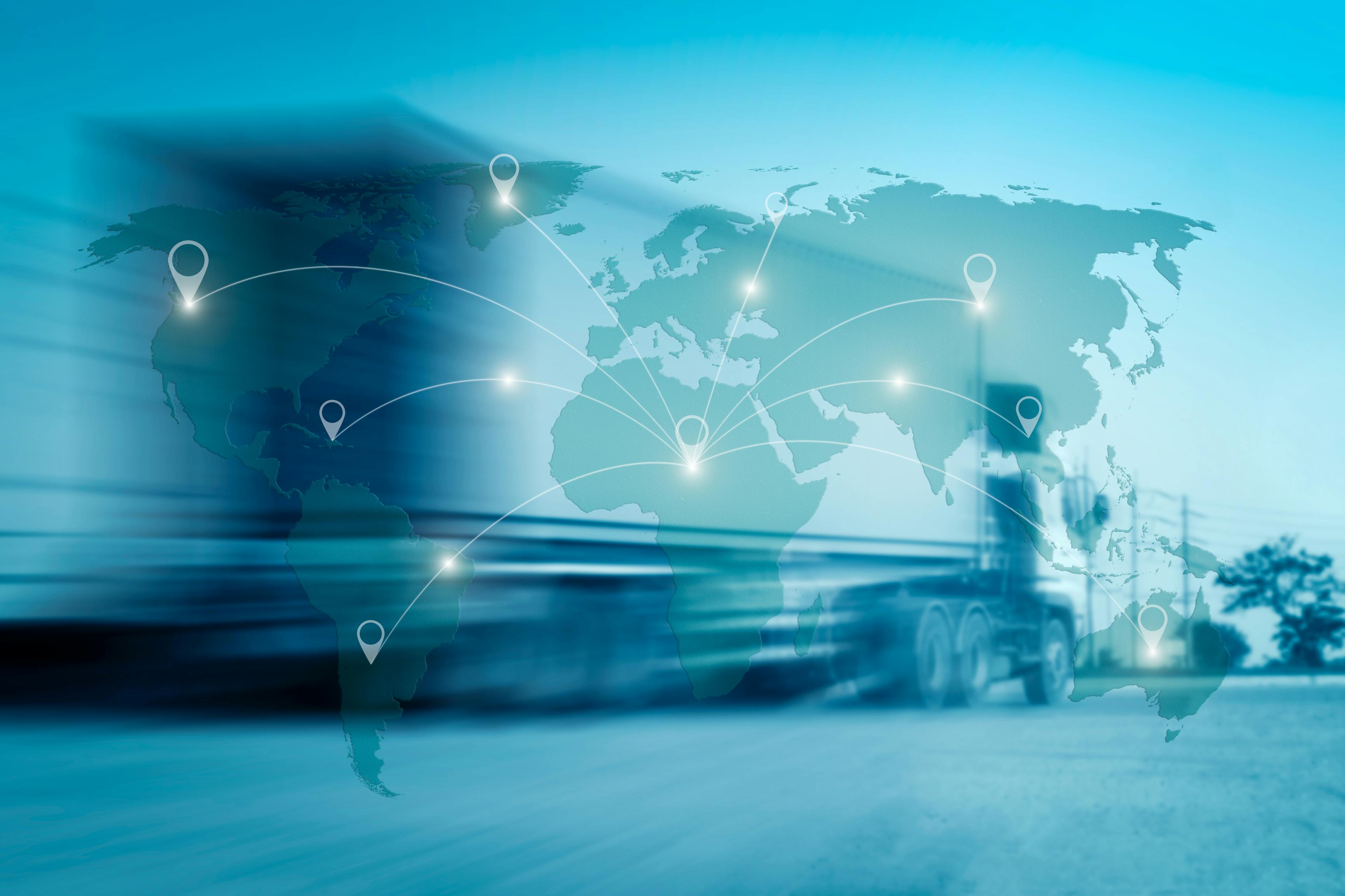 World international map connection connect network with blurred distribution logistic cargo warehouse background