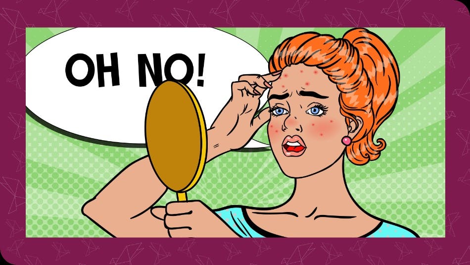 Teenage Girl Looking in the Mirror on her Pimple. Skin Care. Pop Art Vector illustration