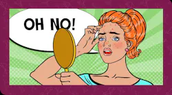 Teenage Girl Looking in the Mirror on her Pimple. Skin Care. Pop Art Vector illustration Teenage Girl Looking in the Mirror on her Pimple. Skin Care. Pop Art Vector illustration