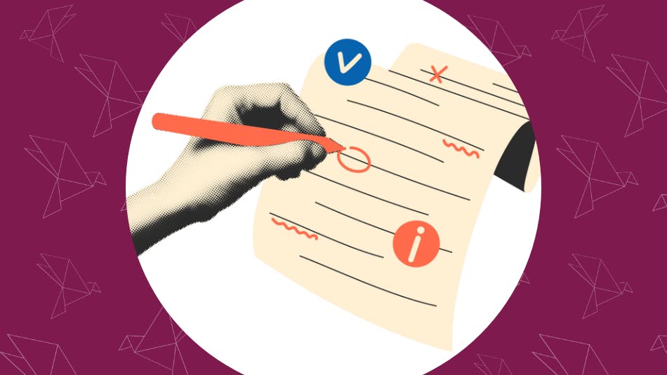 Halftone hand making grammar, spelling check, searching for mistakes, proofreading paper.