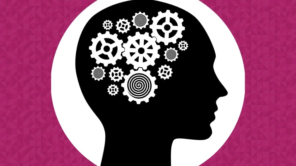 Human head with gears illustration on white background