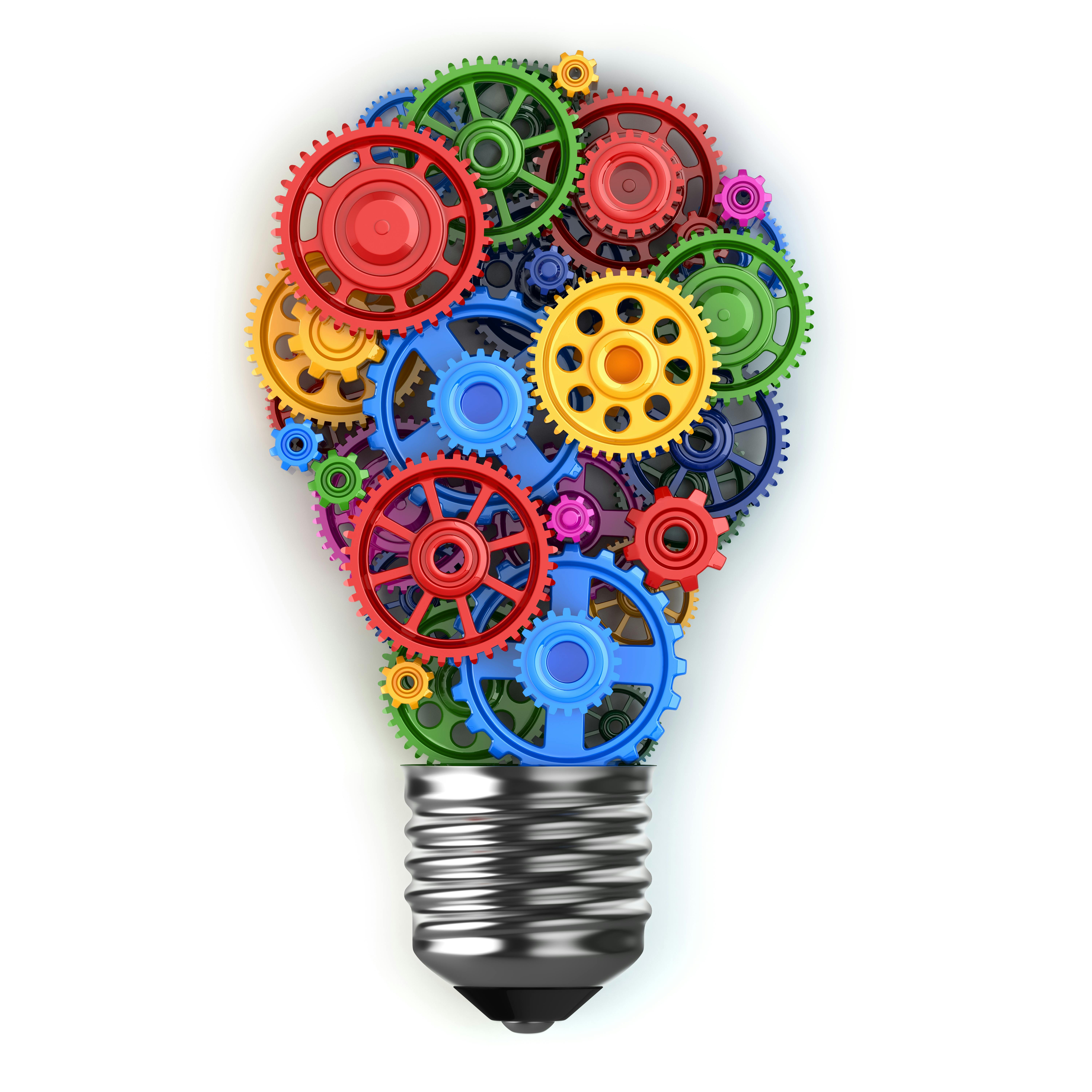 Light bulb and gears. Perpetuum mobile idea concept. 3d