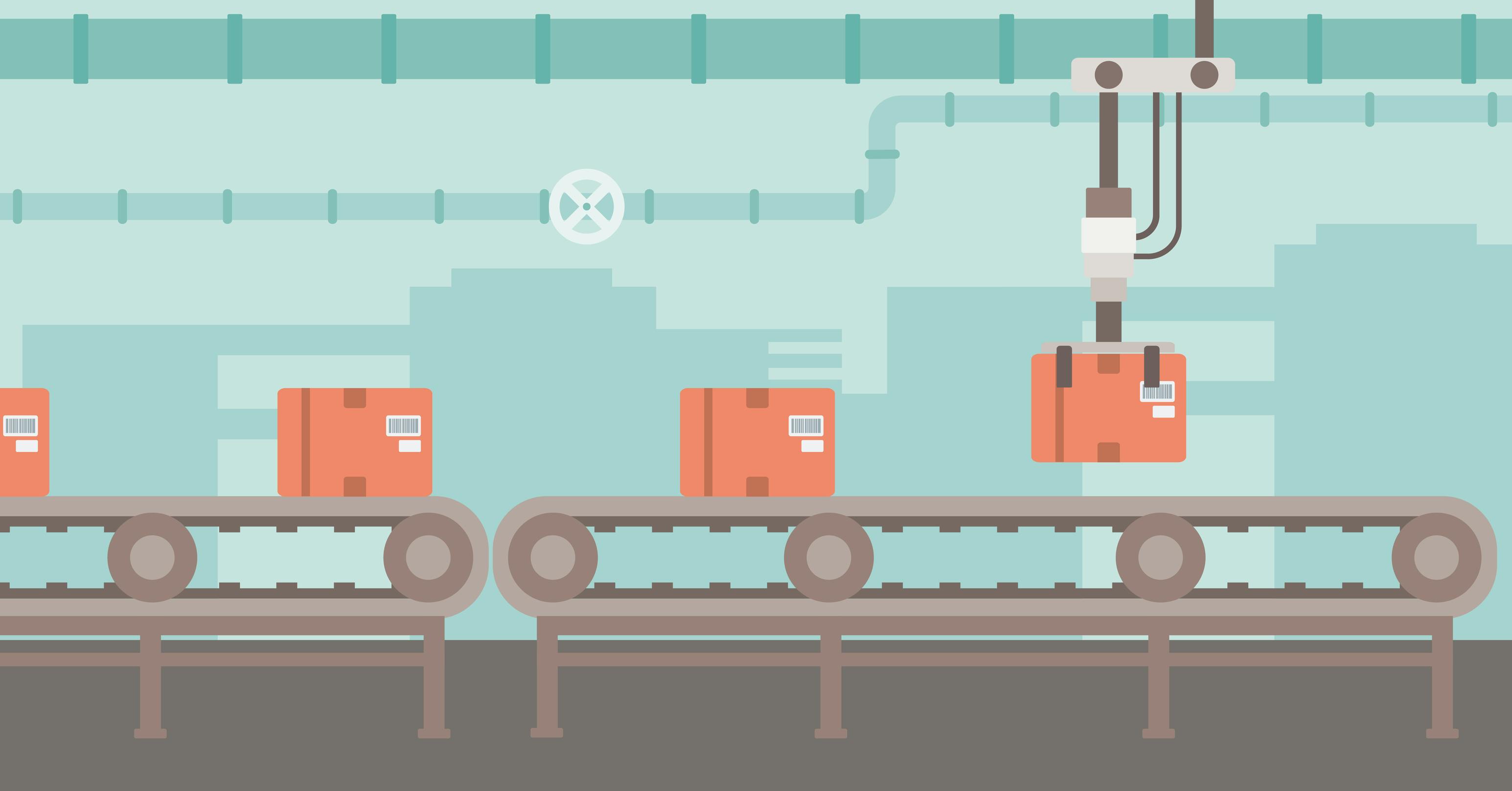Background of conveyor belt with robot arm and boxes vector flat design illustration.