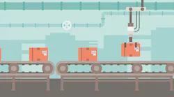Background of conveyor belt with robot arm and boxes vector flat design illustration.