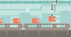 Background of conveyor belt with robot arm and boxes vector flat design illustration.