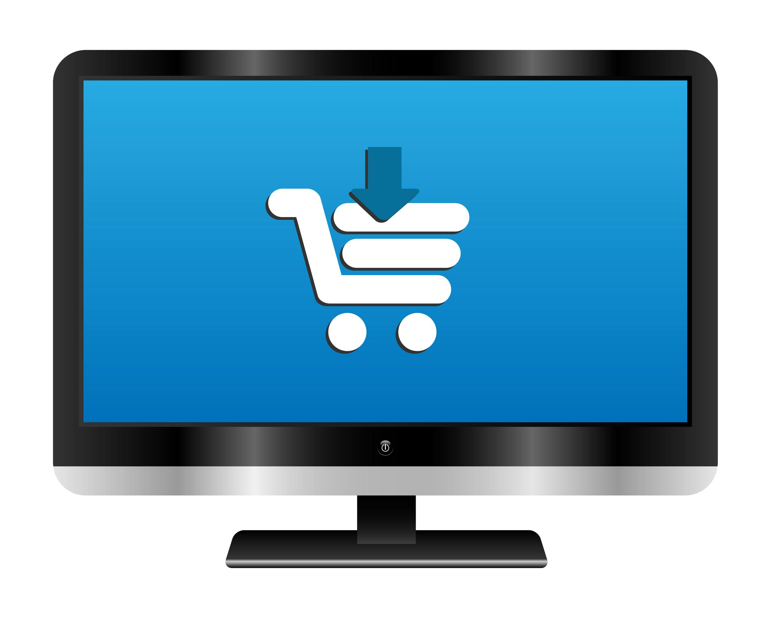 Illustration of a computer monitor with a cart icon. Online shopping concept.
