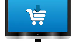 Illustration of a computer monitor with a cart icon. Online shopping concept.