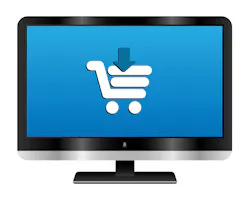 Illustration of a computer monitor with a cart icon. Online shopping concept.