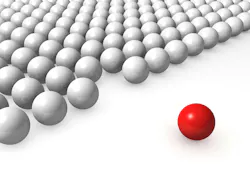 One unique red ball among other white 3d
