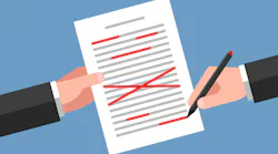 Concept of text editing, error correcting and proofreading. One hand is holding text document, another hand are editing content with red pen.