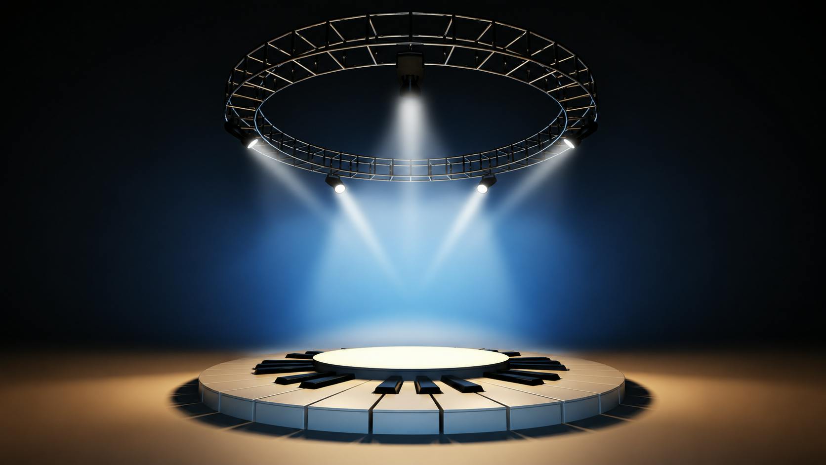 Empty music stage illuminated by spotlights at blue background