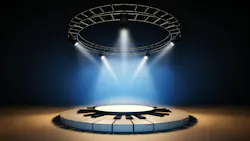 Empty music stage illuminated by spotlights at blue background