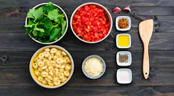 Food mise en place for capeletti with tomato sauce