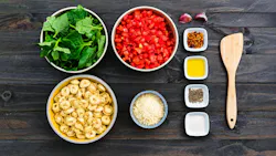 Food mise en place for capeletti with tomato sauce