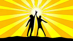 People giving a high five in front of the sun.