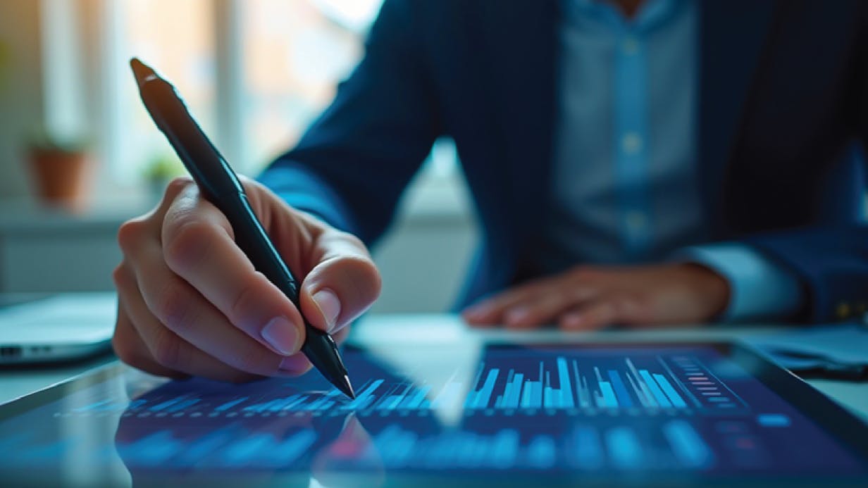 A man in a suite working on a computer tablet.
