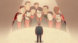 An illustration of a man in the spotlight with a group of people looking at him. An illustration of a man in the spotlight with a group of people looking at him.