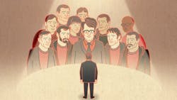 An illustration of a man in the spotlight with a group of people looking at him. An illustration of a man in the spotlight with a group of people looking at him.