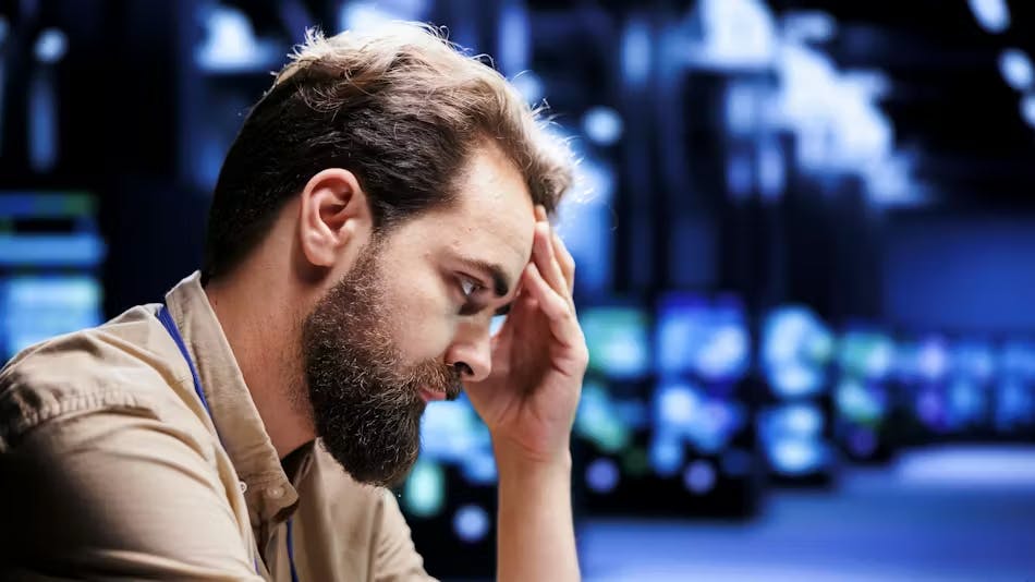 A male engineer struggles in a data center.