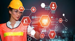 AI-generated image of a female worker with a hardhat working a touchscreen. AI-generated image of a female worker with a hardhat working a touchscreen.