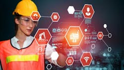 AI-generated image of a female worker with a hardhat working a touchscreen. AI-generated image of a female worker with a hardhat working a touchscreen.