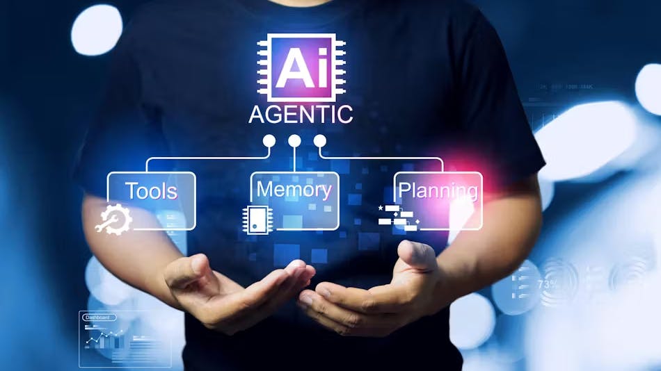 Concept image of a young man juggling agentic AI symbols representing tools, memory,, and planning.