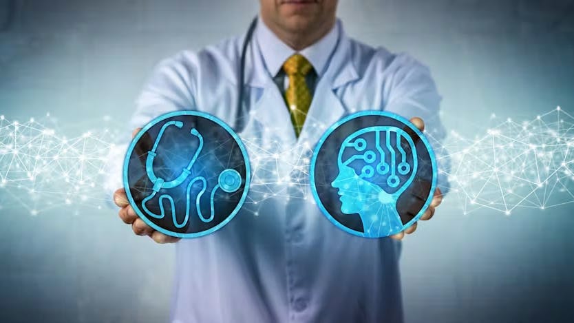 Concept image of a doctor holdering digital images of a stethescope and brain scan.