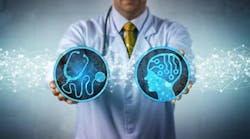 Concept image of a doctor holdering digital images of a stethescope and brain scan. Concept image of a doctor holdering digital images of a stethescope and brain scan.