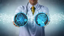 Concept image of a doctor holdering digital images of a stethescope and brain scan.