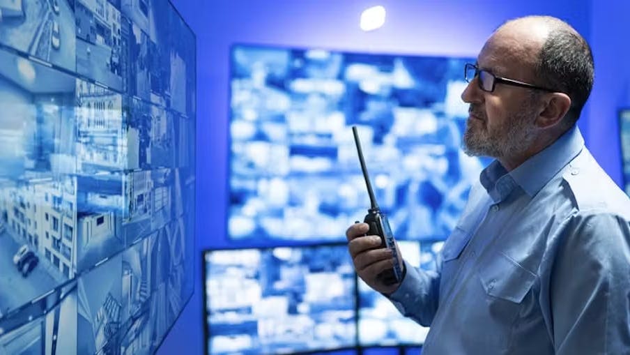 Photo of a man looking at a wall of computer screens, with a blue background.