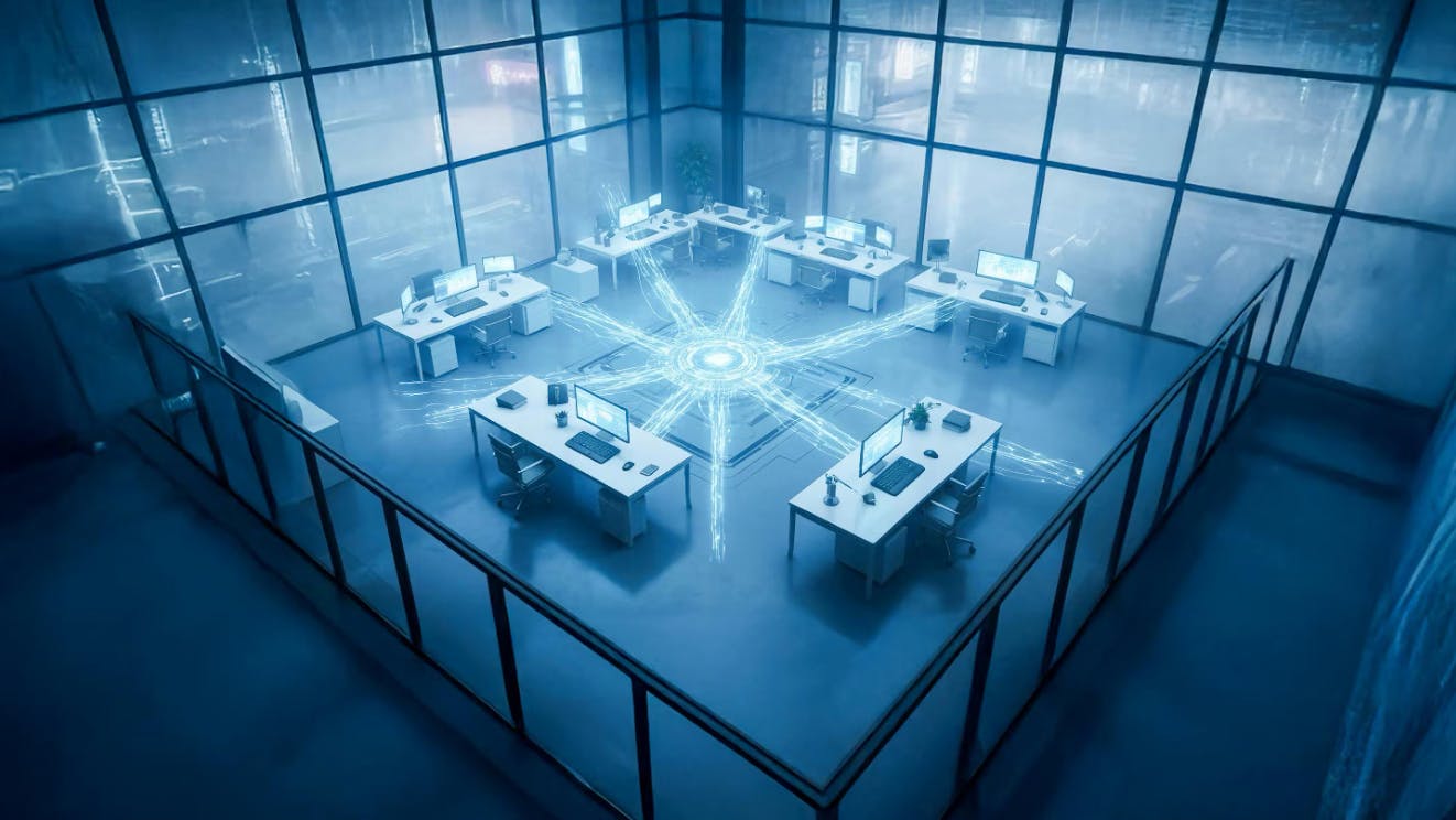 Virtual concept image of workdesks with laptops on a blue background.