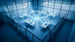Virtual concept image of workdesks with laptops on a blue background.