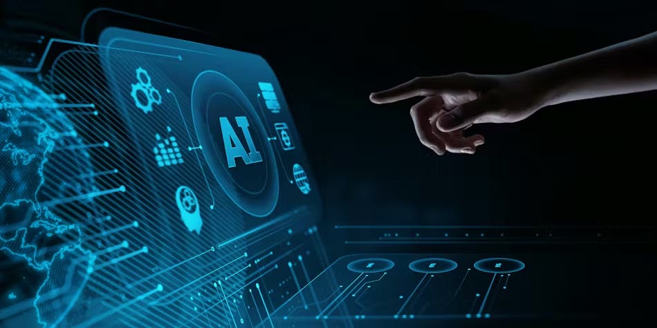 Concept image of a finger reaching for a blue AI computer screen.
