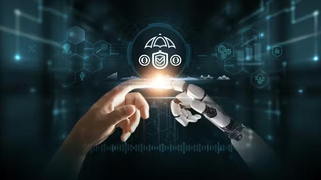 AI-generated concept image of a human finger and robot finger touching.