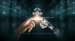 AI-generated concept image of a human finger and robot finger touching.